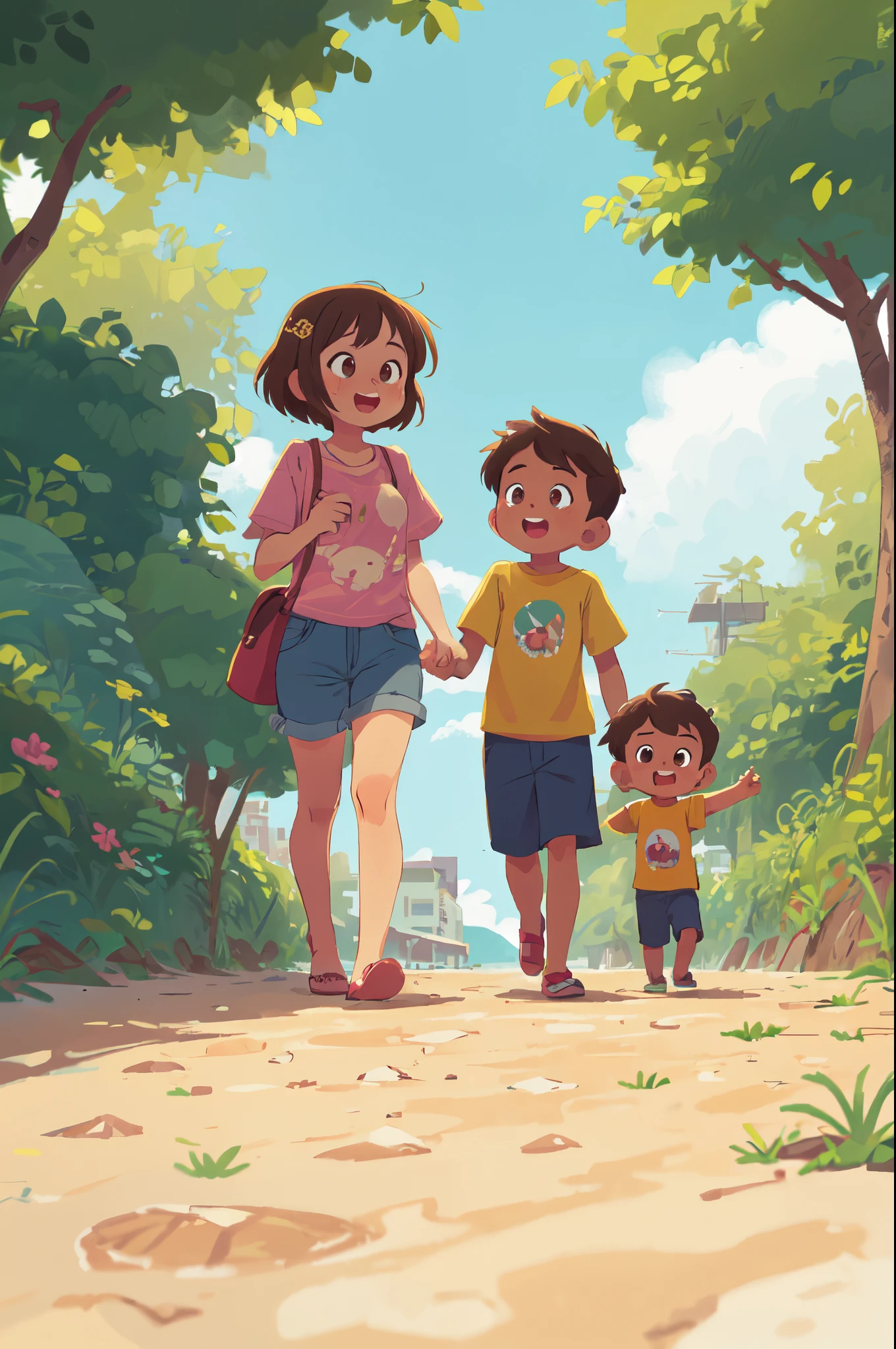 cartoon detailed 2D, cute, mother brown skin, hair brown and son too, (13 years old), walking on Copacabana beach in early and beautiful weather