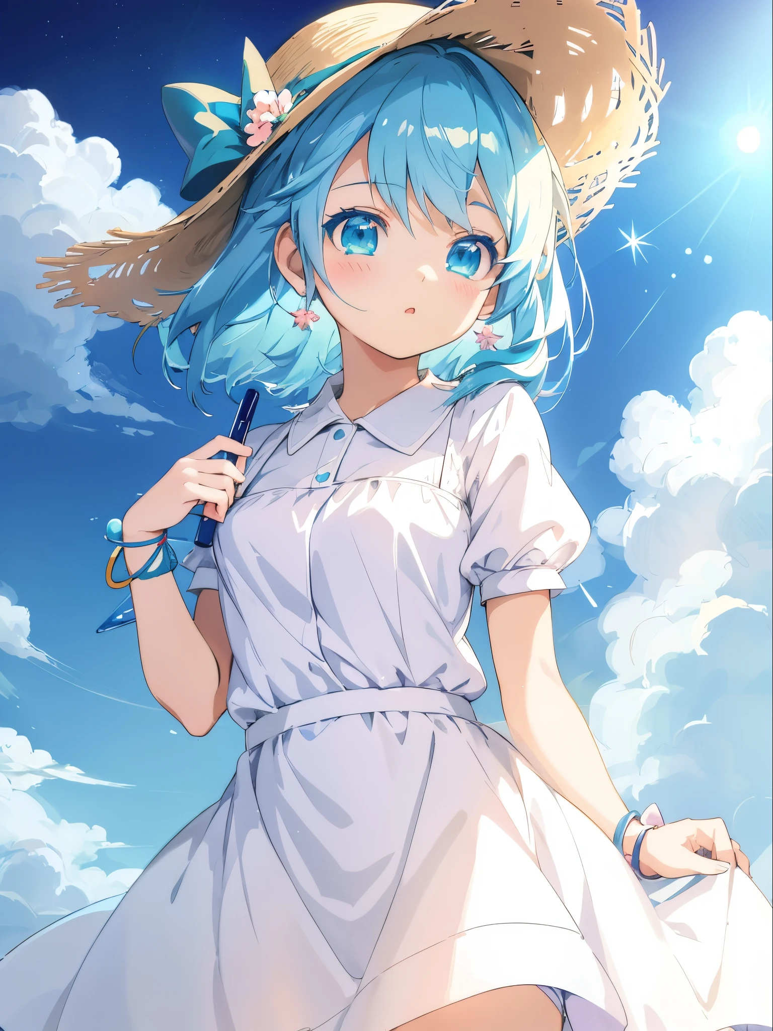 Anime girl with blue hair and a straw hat holding a wallet, an anime portrait of cirno, Cirno, anime moe art style, loli in dress, Cute anime waifu in a nice dress, Mikudayo, cirno touhou, (Anime Girl), High quality anime art style, Anime girl with teal hair, Beautiful anime girl, cirno from touhou