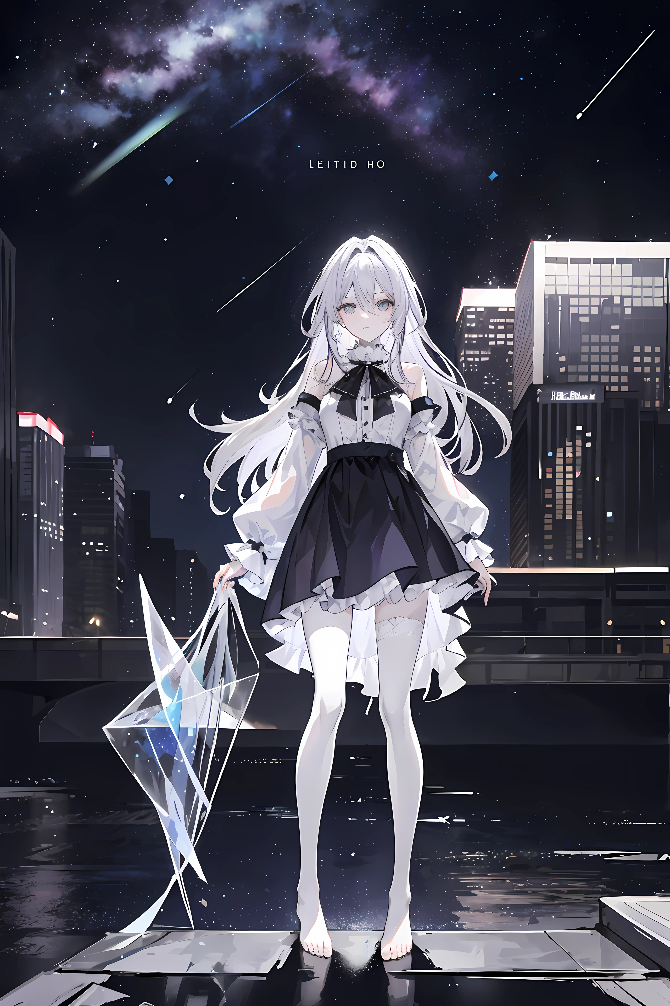 Lilac gradient hair,Asymmetrical hair,（（Hair is very thick 1.8，Hair is well-defined1.6））， Hair over the shoulder, messy  hair, Very long hair, shinny hair，(Long gray hair:1.2),A beautyful girl，（Luxurious Platinum Mini Lolita，Made of transparent material），（Transparent clothes transparent 1.8），perfect body figure，high and high，slenderness，(looking sad，Haggard complexion、Haggard complexion、pale nipples ，grieves，close your mouth：1.2） Against the backdrop of an unusually bright dark starry sky，standing on your feet（Place your hands behind your back），（Round,  Large, firm breast），The barefoot，afloat，waterface，（long leges，long leges，long leges，Perfect leg shape），fully body photo