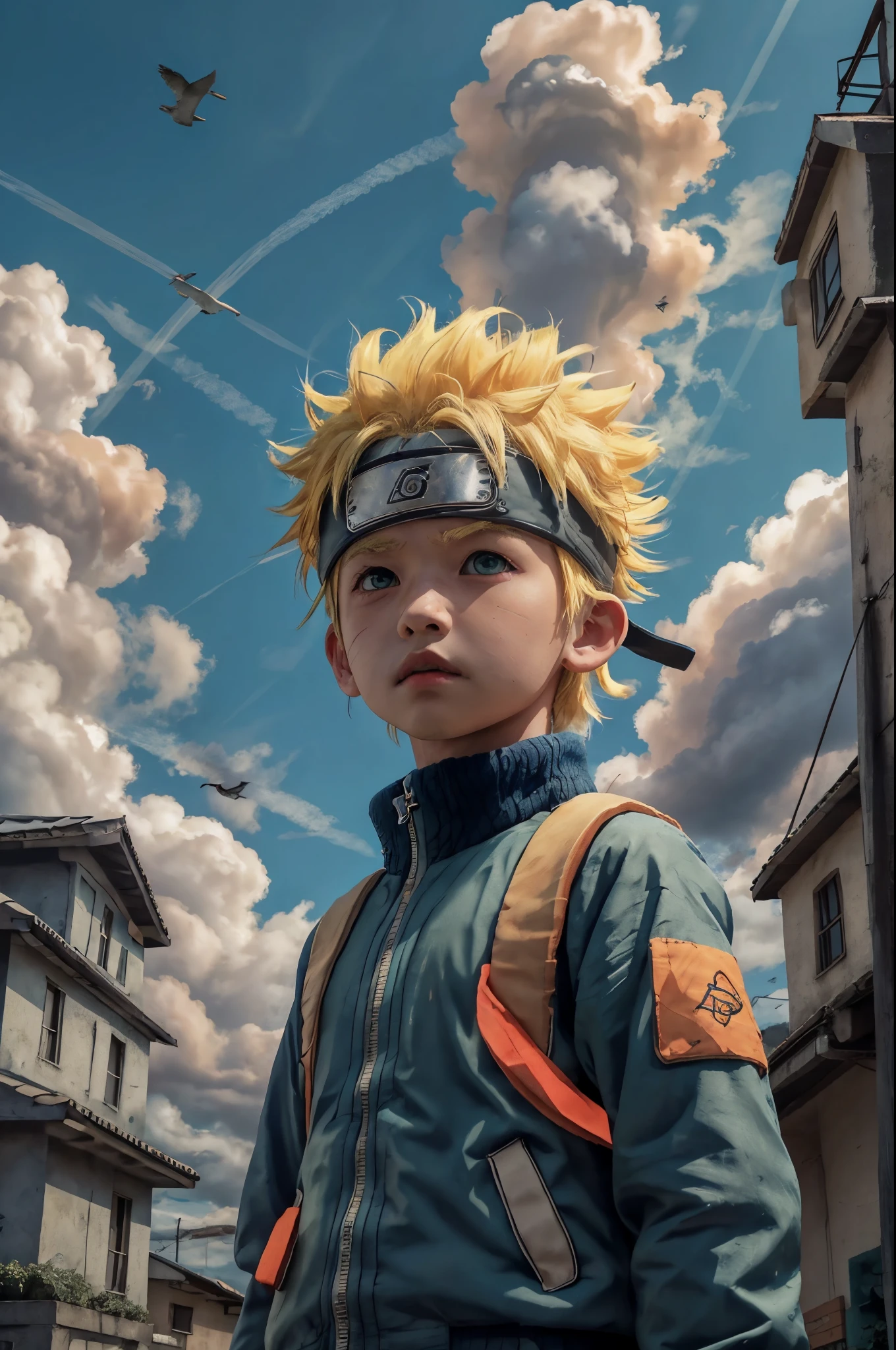 chibinaruto, 1boy, blonde hair, male focus, solo, sky, green eyes, cloud, day, whisker markings, bird, blue sky, male , jacket, outdoors, upper body, cloudy sky