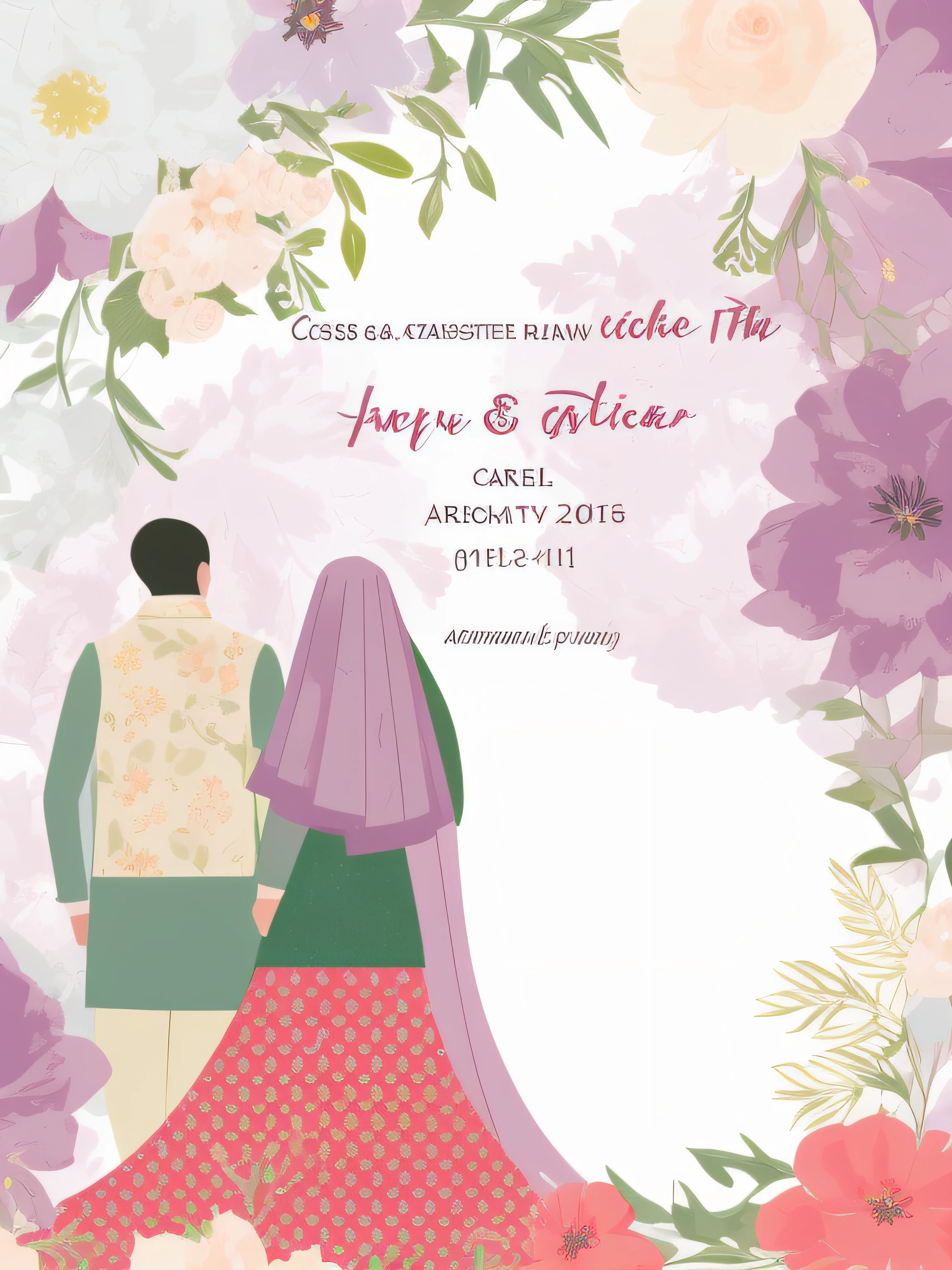 a close up of a couple standing in front of a floral frame, invitation card, lovely couple, happy couple, wedding, bride and groom, full card design, couple, in a scenic background, look at the details, very detailed picture, inspired by Ambreen Butt, added detail, it is very detailed, art cover, above view, luxurious wedding, romantic couple