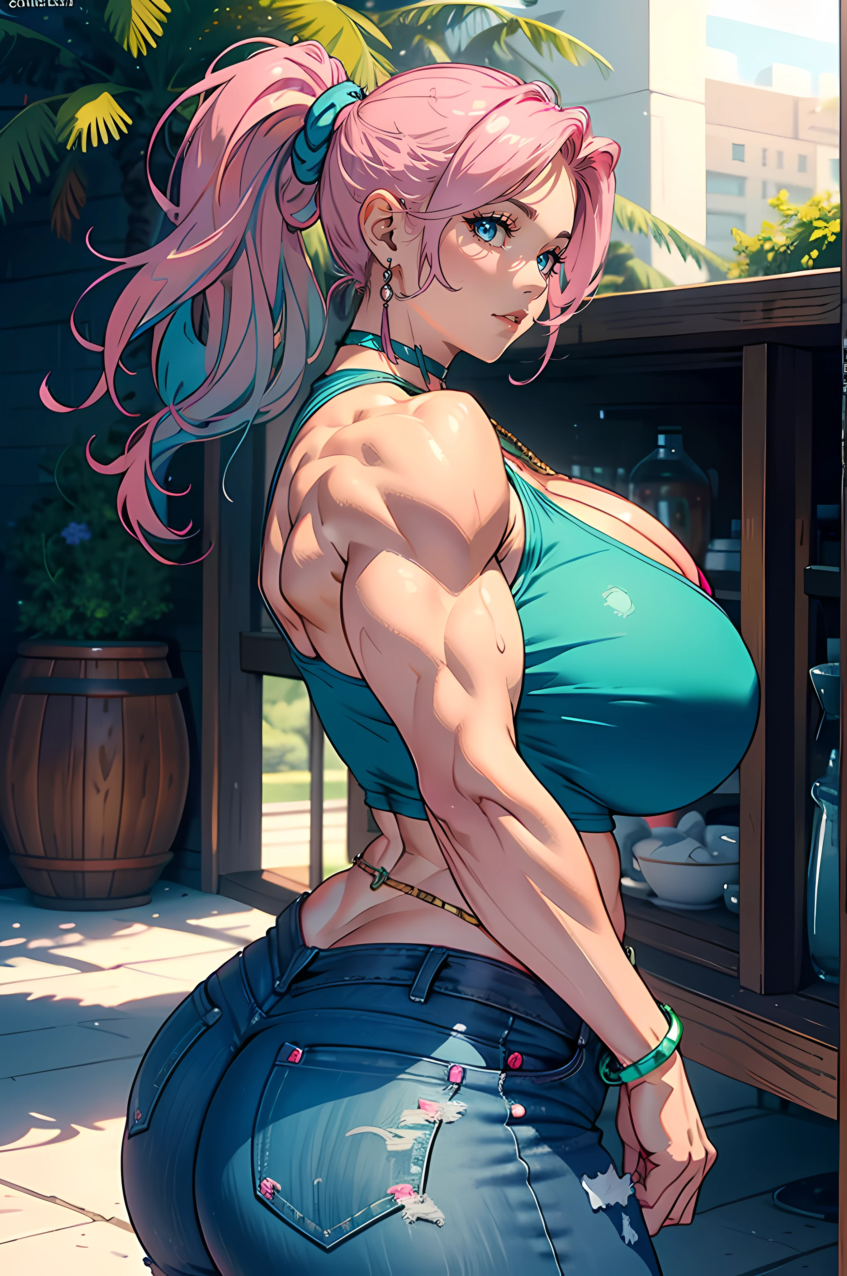 Best quality, solo mature woman, giant breasts, giant ass, very curvy, long ponytail curled at the ends, aqua green eyes, full lips, seductive, smiling, pink tank top, tight blue jeans, sun necklace, sun earring, thick thighs, curvy physique, ((((huge muscles))))