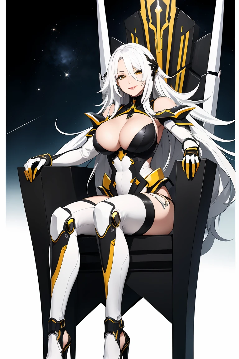 Highest image quality,high high quality,A mature woman,age 22,Huge cleavage,Nipple presentation,Metal heels,Yellow white and black metal mecha,Long white hair,hair covering one eye,ssmile,Sit on the metal throne,In space,obscene exposure