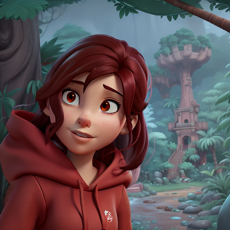 cartoon of a woman in a red hoodie standing in front of a tree, rainy weather, red coat, jungle background artwork, point-and-click adventure game, detailed game art, background art, screenshot from the game, character art closeup, game illustration, character portrait closeup, portrait of max caulfield, closeup character portrait, game art, random background scene, stylized urban fantasy artwork, character close up