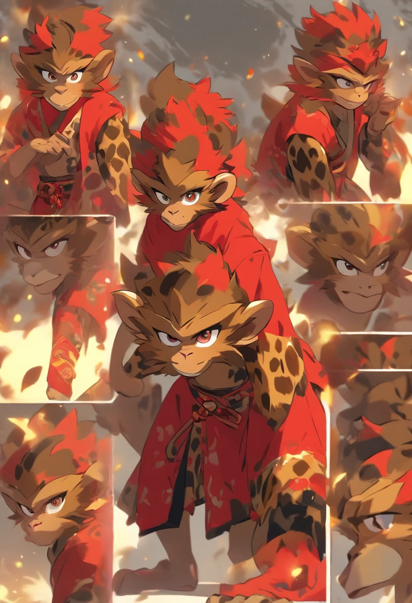 Cartoon monkey, red headband, leopard-print skirt, black cloth boots, Sun Wukong, main view, three side views, spirited, clothing details, animation, side view, front view, back view, costume detail, dynamic posture, character design, best quality, highres