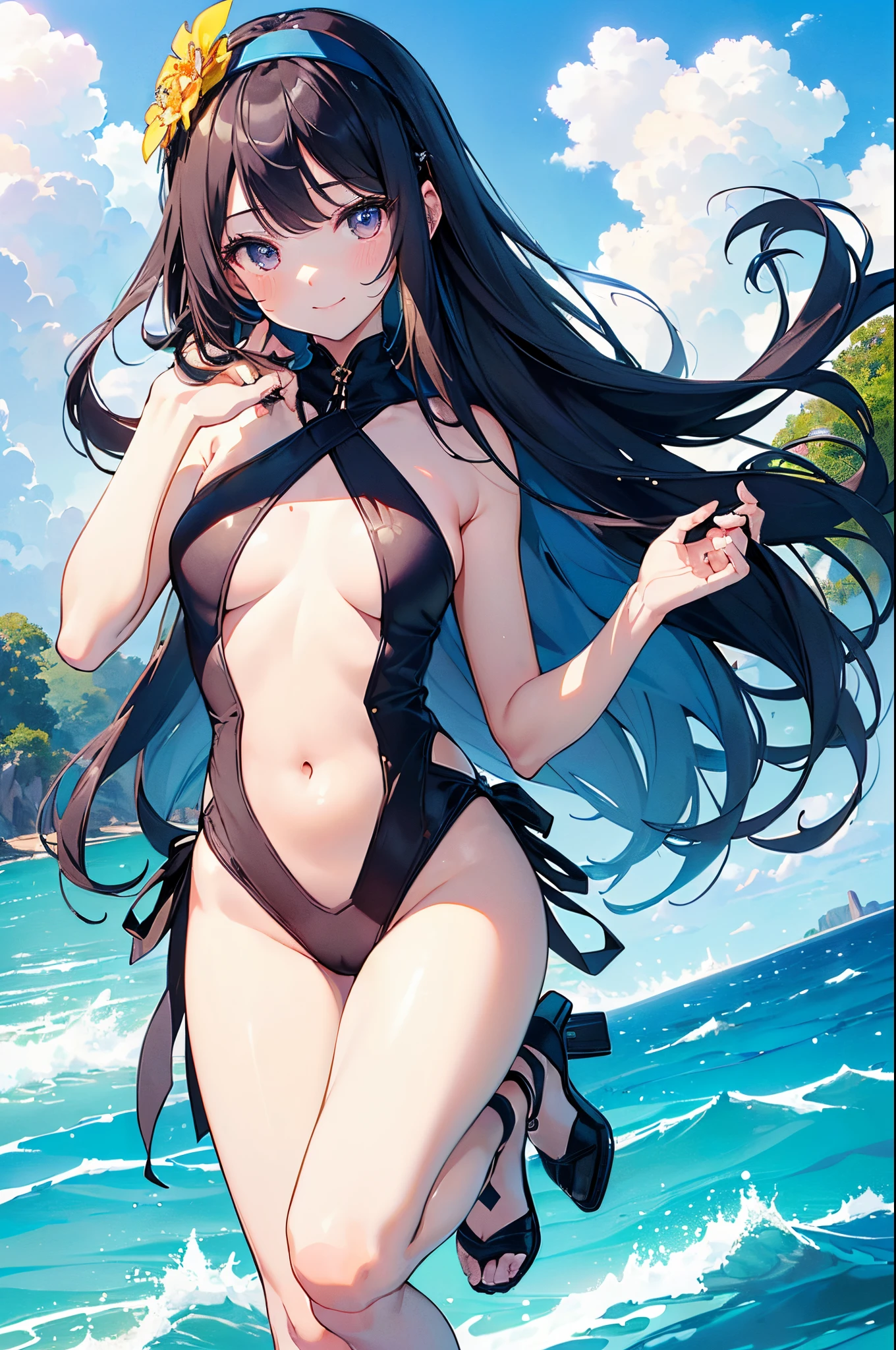 ((2D Beautiful Girl、top-quality:1.3、perfect fingers:1.1、perfect anatomia:1.1、Perfect outfit、face perfect:1.1、Beautiful illustration))、(transform sequence)、((cute decorative headband、monokini)、ar old、Solio、hime、Fractal Art、babye、((sht long hair))、(Slender and beautiful legs)、big drooping eyes、(full body photographed:1.1、long shot photography)、((1人))、The background is blue sky and sandy beach、Happy smiling face、