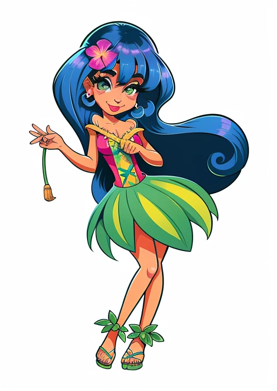 havaiana de desenho animado com saia hula e colar de flores, usando um vestido havaiano, Cartom Illustration, Arte Oficial, Tiki, Cartoon style illustration, official illustration, official character illustration, hd illustration, imagem vazada, in cartoon style, Ela tem pele marrom oliva, Meninavestindo um terno da flor, arte oficial do personagem, Torres, tom, imagem dos desenhos animados, dancing character