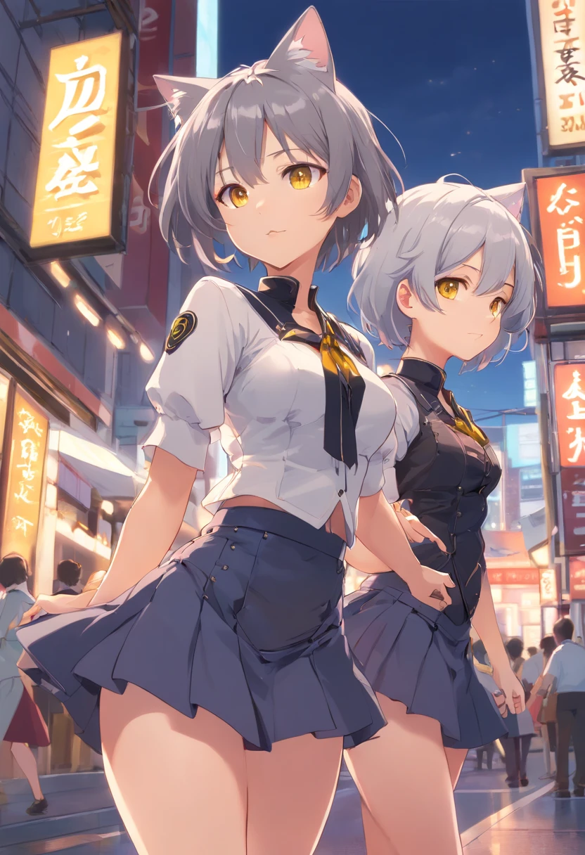 Girls, Gray-haired, short-haired, yellow eyes, Small breasts, cat hair ornament, side locks, Gray-haired, Shiny hair, uniform, (Golden Eyes: 1.2), (2 long triangular extensions at skirt., The best corset for the stomach), White buttons on vest corset, (Short sleeve strip shirt under vest corset), (Sleeves end close to the arm), (thick ribbon of black color on the neck,,), ( Short Magenta Skirt),Depth of subject、portlate