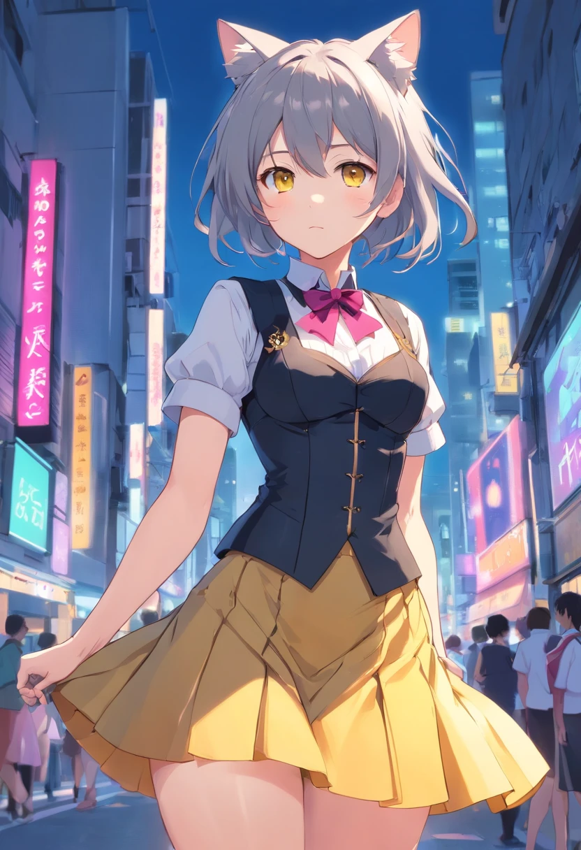 Girls, Gray-haired, short-haired, yellow  eyes, Small breasts, cat hair ornament, side locks, Gray-haired, Shiny hair, uniform, (Golden Eyes: 1.2), (2 long triangular extensions at skirt., The best corset for the stomach), White buttons on vest corset, (Short sleeve strip shirt under vest corset), (Sleeves end close to the arm), (thick ribbon of black color on the neck,,), ( Short Magenta Skirt),Depth of subject、portlate