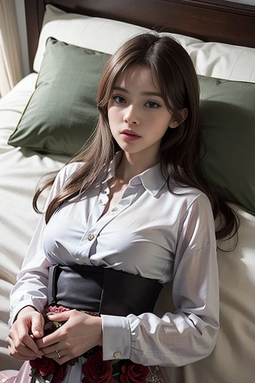 (1girl in:1.3), Cinematic Light, (masutepiece, of the highest quality, Best Quality, Beautiful and aesthetic:1.3), ighly detailed,highest details,(Ultra-detailed),,
From above,(( lying on bed)),
Solo, breasts, Silky long hair, (Brown hair), Roses scattered all over the bed,
((Suit)), ((Shirt)), opened breast,