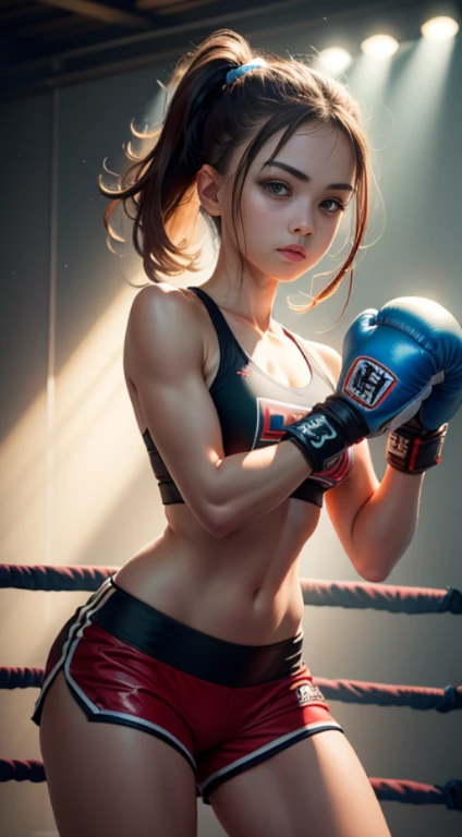 Best Quality, Very elaborate CG Unity 8K wallpapers, Boxer, (Photorealsitic:2), 超A high resolution, Highly detailed, A hyper-realistic, 1girl in, (Boxing gloves), Floral pattern, colourfull_Head_hair、(((very_Short_Head_hair))), Short hair, Full Shot, Looking at Viewer, ((boxing Ring)), Bright atmosphere, spot light, Detailed background