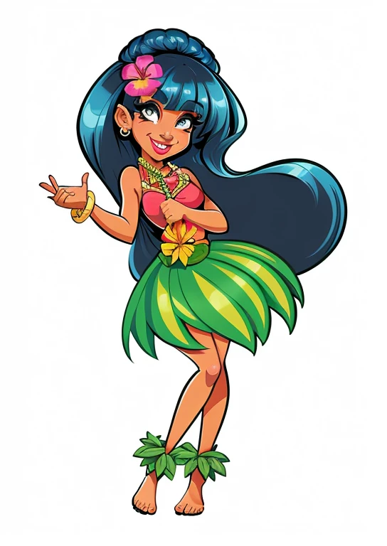 menina havaiana de desenho animado com saia hula e colar de flores, usando um vestido havaiano, Cartom Illustration, Arte Oficial, Tiki, Cartoon style illustration, official illustration, official character illustration, hd illustration, imagem vazada, in cartoon style, Ela tem pele marrom oliva, Menina elfa vestindo um terno da flor, arte oficial do personagem, Torres, tom, imagem dos desenhos animados, dancing character