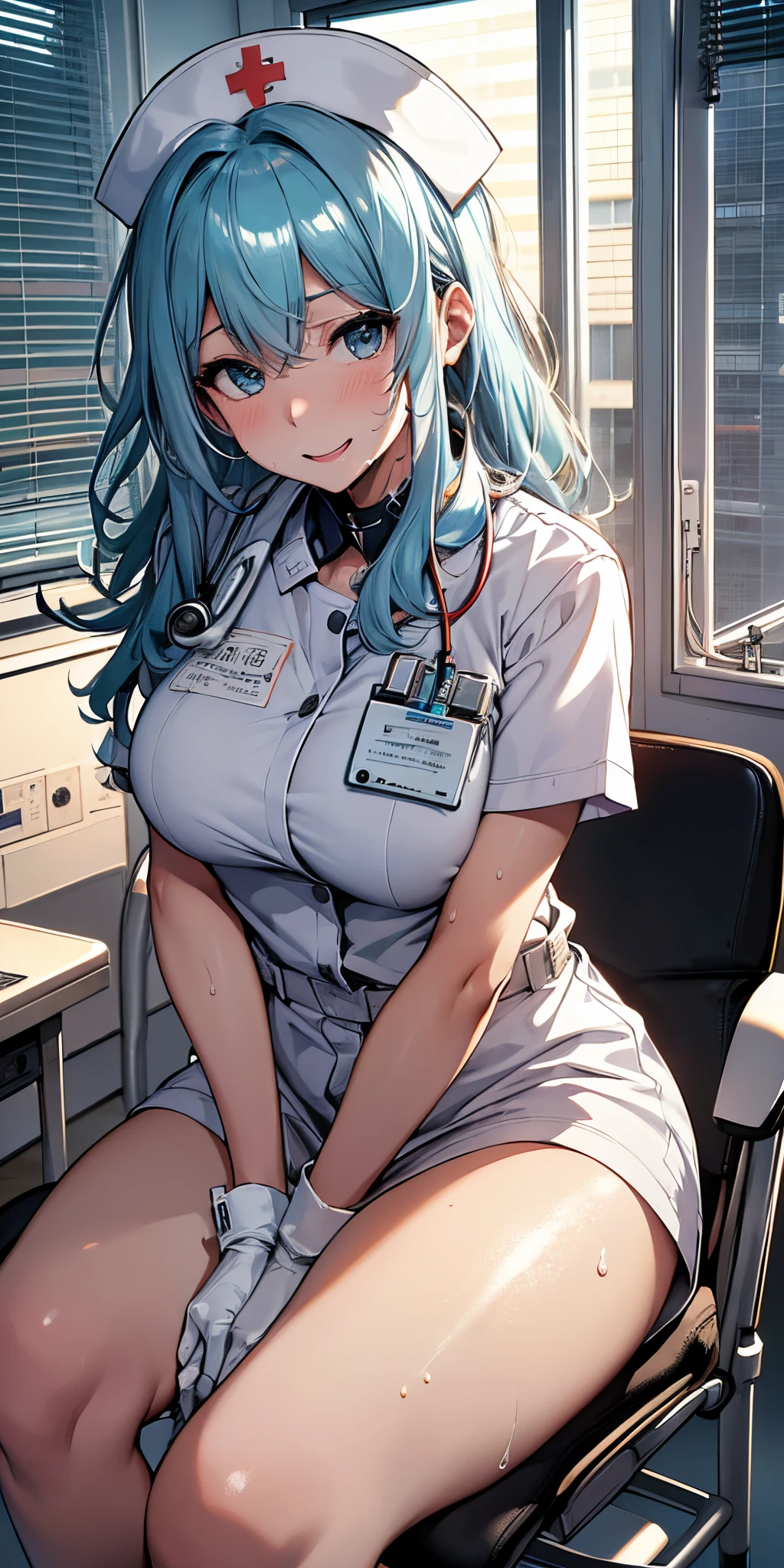 masterpiece, Highest quality, expensive_solve, Fine details, Very detailed and beautiful, clear_image, 1 girl, alone, Silver Hair, From above,Red eyes, (Huge breasts：1.8), (),hospital,Curvy,,(Nurse Costume),texpensiveexpensive,(See-through skirt),（Transparent skirt），(The skirt is transparent）（Transparent nurse clothing），