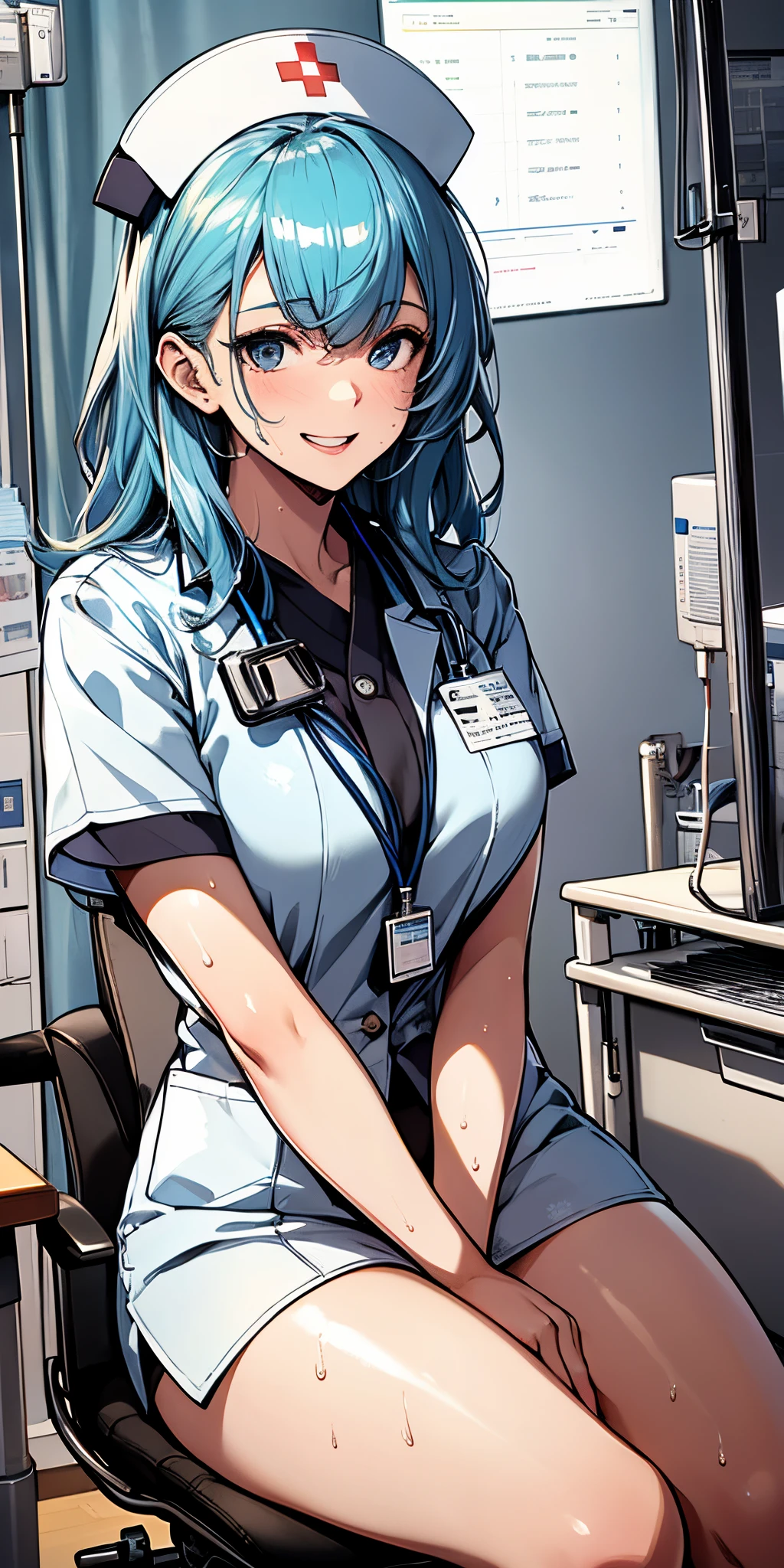 top-quality、supreme1People Girls,hightquality,, ((masuter piece)), ((High resolution)), ((Best Quality)), detail, (cum faced、Excited face.Very happy,), ((Skin shiny with sweat)), OL:1.4、(Nurse:1.3)、 girl with, lightblue hair, (Straight、Bangs Patsun)、sit on desk、fair white skin:1.3、、Colossal tits, cinmatic lighting, perfectly shaded,(((Hospital Room))), Realistic lighting with shades,