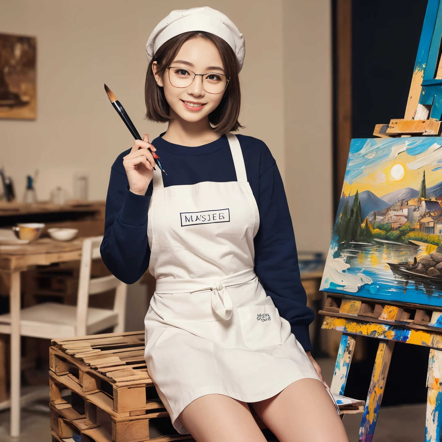 (top-quality、masutepiece、in 8K、Top image quality)、(1 photo:1.7)、(1人の女性、1 Beautiful Girl)、(Painting on canvas、facing the canvas、She wears a white apron, skirt, and navy blue sweatshirt.、Wearing an apron、painting a landscape、bright warm lighting、Painting)、((perfect canvas、perfect easel、pallet、Paint、pen))、(perfect hand、perfect anatomia、perfect fingers、perfect brush、accurate hands:1.5)、Comfortable and clean atelier、Pill glasses、Literary girl、natural make up、Sitting on a chair、Biggest smile、Brown Beret、short-hair、Elegant round glasses、Emphasize body lines、large full breasts、View here、Shooting from the knee up