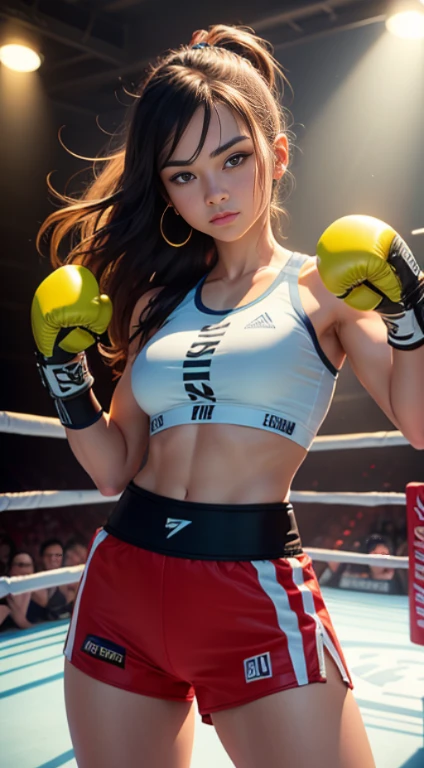 8k,masterpiece, Highest quality,big, (1 person:1.5), tifa lockhart, red_eye, Black Hair, Long Hair, Professional Lighting, (Glowing Skin: 1.2), shiny big, ((Highest quality)), Sharp focus: 1.2, Highly detailed face and skin texture, detailed eye, Perfect Face, Perfect body, CG, Big Breasts, before (Age 25, Mature, cool and beautiful face), Boxing gloves, (on MMA Arena :1.5), (wearing a track and field uniform:1.5), thigh, belly button,angry,From Below,Look At View,fighting stance,Full body, solo,
