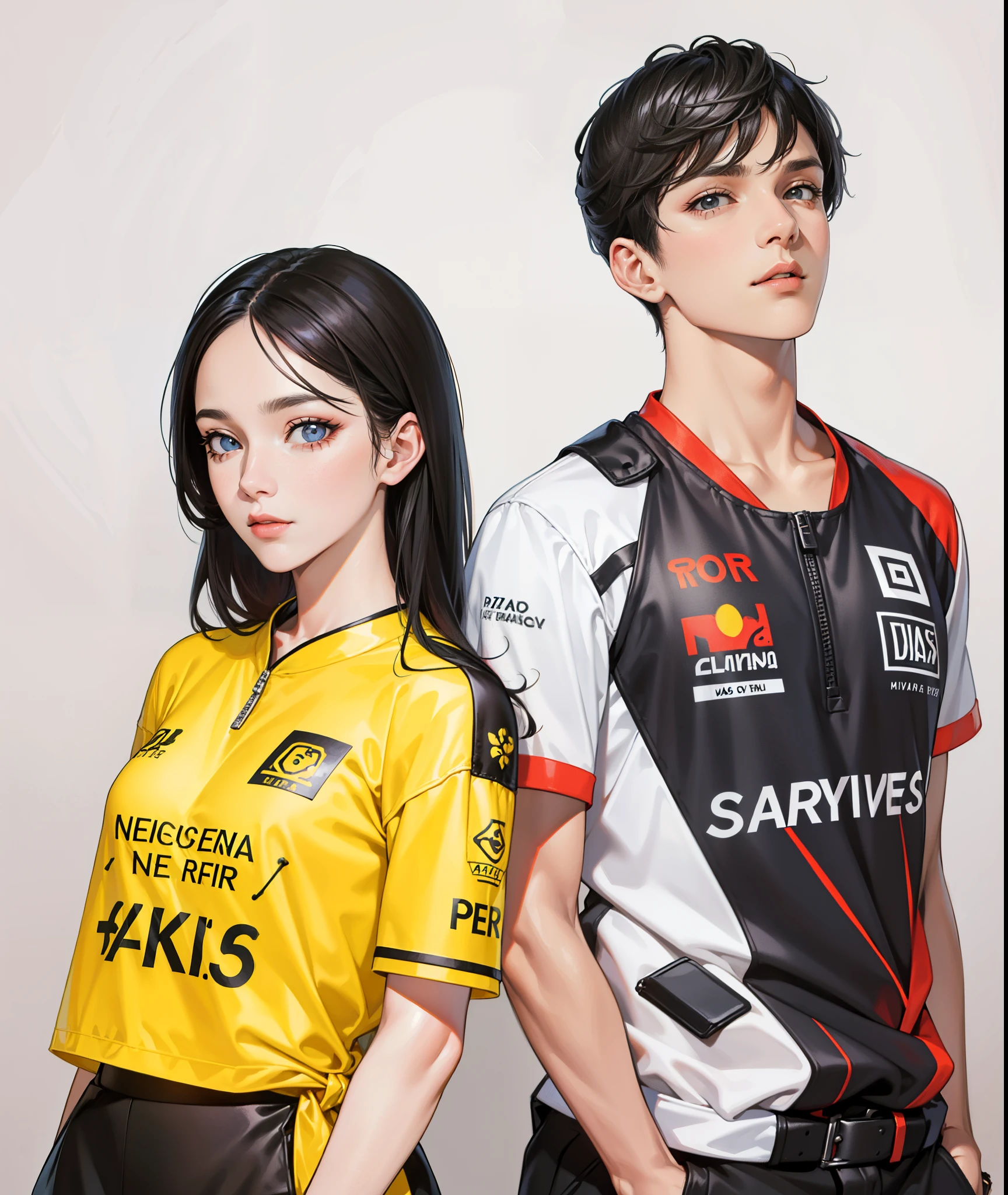 Mostra-se um homem e uma mulher, with height difference, majo, 27 anos, camisa branca, black pant, Rear head, majo, tall appearance, ponte de nariz alto, olhos grandes, 二重まぶた, alto, loiro, olhos verdes, symmetric eyes, olhando para a ,, uma mulher vestindo um vestido bonito, longos cabelos castanhos, symmetric eyes, olhos grandes, olhos negros, there is a height difference