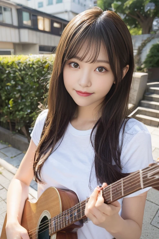 finely detail, hight resolution, hightquality、Perfect dynamic composition, Beautiful detailed eyes, Medium Hair, small tits、Natural Color Lip,Kamimei、Shibuya、20 years girl、1 persons、Transparent skin、Glowing hair、A smile、masutepiece, Best Quality, Illustration, Ultra-detailed, finely detail, hight resolution, 8K、The correct state of the human body、crouching down、Gravure Model Pose,Hair soaring in the wind、(holding an electric guitar)、(white shirt)