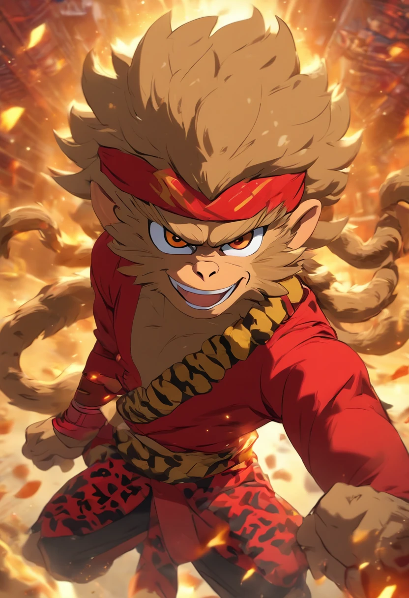Cartoon monkey, red headband, Leopard-print skirt, black cloth boots, sun wukong, Main view, three side view, energetic, Clothing details, animated cartoon, Side view, Front view, posterior view, Clothing details, dynamicposes, character design, Best quality at best, A high resolution