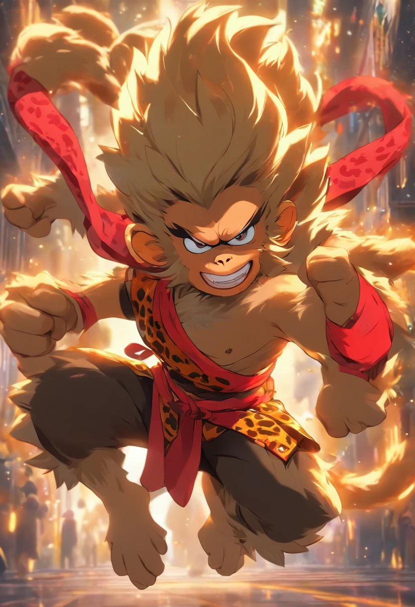 Cartoon monkey, red headband, Leopard-print skirt, black cloth boots, sun wukong, Main view, three side view, energetic, Clothing details, animated cartoon, Side view, Front view, posterior view, Clothing details, dynamicposes, character design, Best quality at best, A high resolution