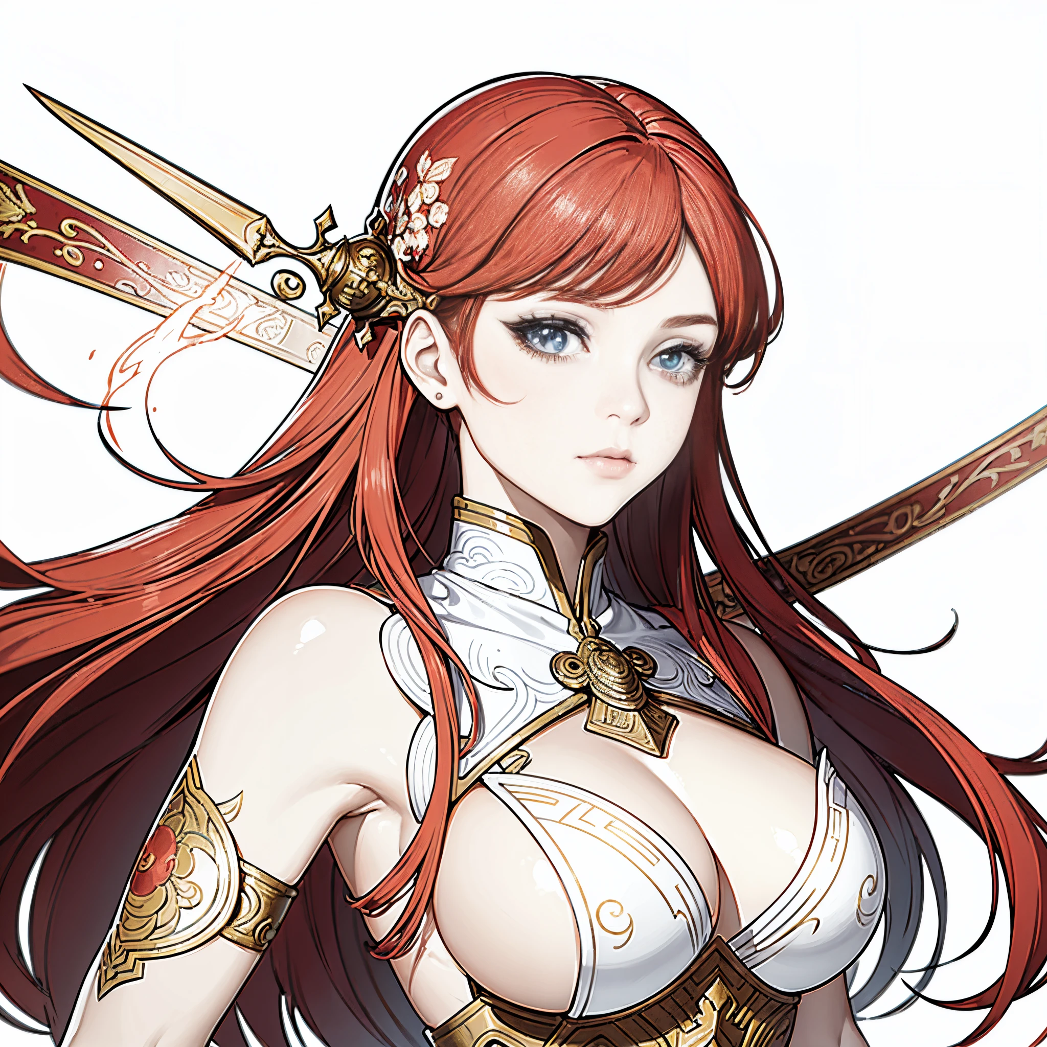 (Cloisonnism:1.2), White background , 1 close up of a woman in a costume holding a sword, a character portrait, fantasy art, extremely detailed ,hot fire goddess, red haired goddess, Oriental elements, reasonable design, Clear lines, (lineart, monochrome)