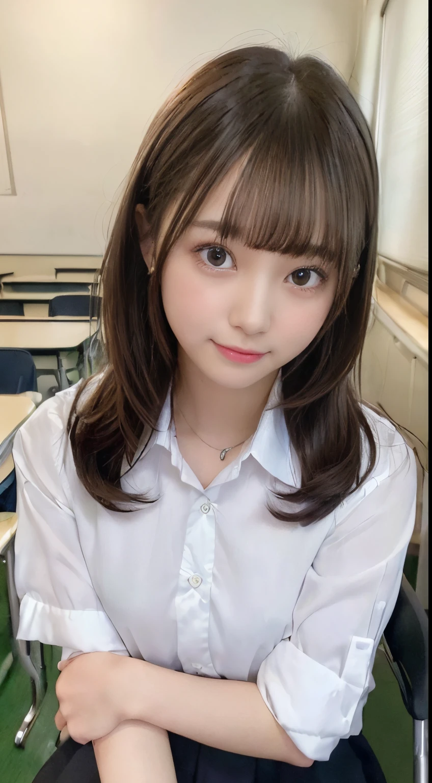 (masutepiece, Best Quality:1.2), 8K, 18year old, 85 mm, Official art, Raw photo, absurderes, White dress shirts, Pretty Face, close up, Upper body, violaceaess, gardeniass, Beautiful Girl, School uniform, (Navy pleated skirt:1.1), Cinch West, thighs thighs thighs thighs, Short sleeve, on train, Sitting on a bench seat, Looking at Viewer, No makeup, (Smile:0.4), Film grain, chromatic abberation, Sharp Focus, face lights, clear lighting, Teen, Detailed face, Bokeh background, (dark red necktie:1.1)