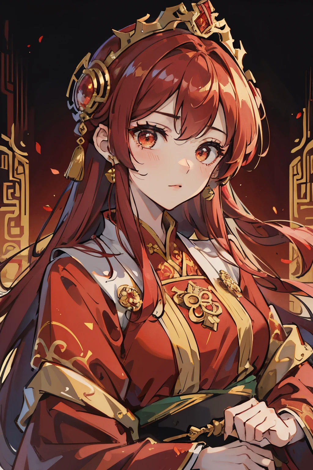 One wearing a red dress、Close-up of woman wearing gold crown on head, Hanfu, 宮 , A girl in Hanfu, Wearing ancient Chinese clothes, Wearing a gold-plated red robe, Princesa chinesa antiga, Chinese, chinese empress, China Princess, ancient asian dynasty princess, Chinese traditional, Wearing gilded red royal robes, Match with ancient Chinese costumes,The expression is serious,Carry a long sword,High and cold personality,domineering side leak