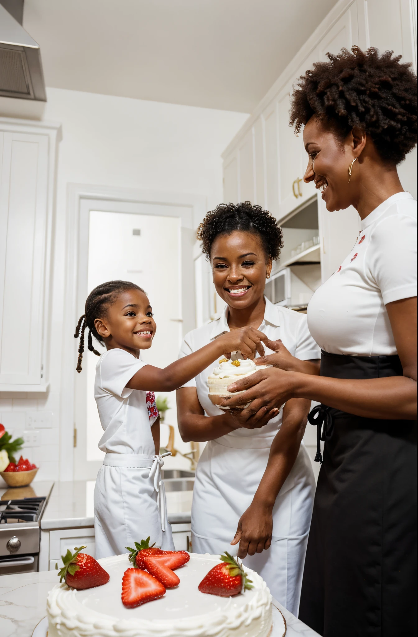 Mother and daughter in the kitchen, pele negra, pele escura, afrodescendentes, cabelos encaracolados, cabelos crespos, the daughter hands her mother a white cake with whipped cream and strawberries the mother both look at each other smiling.