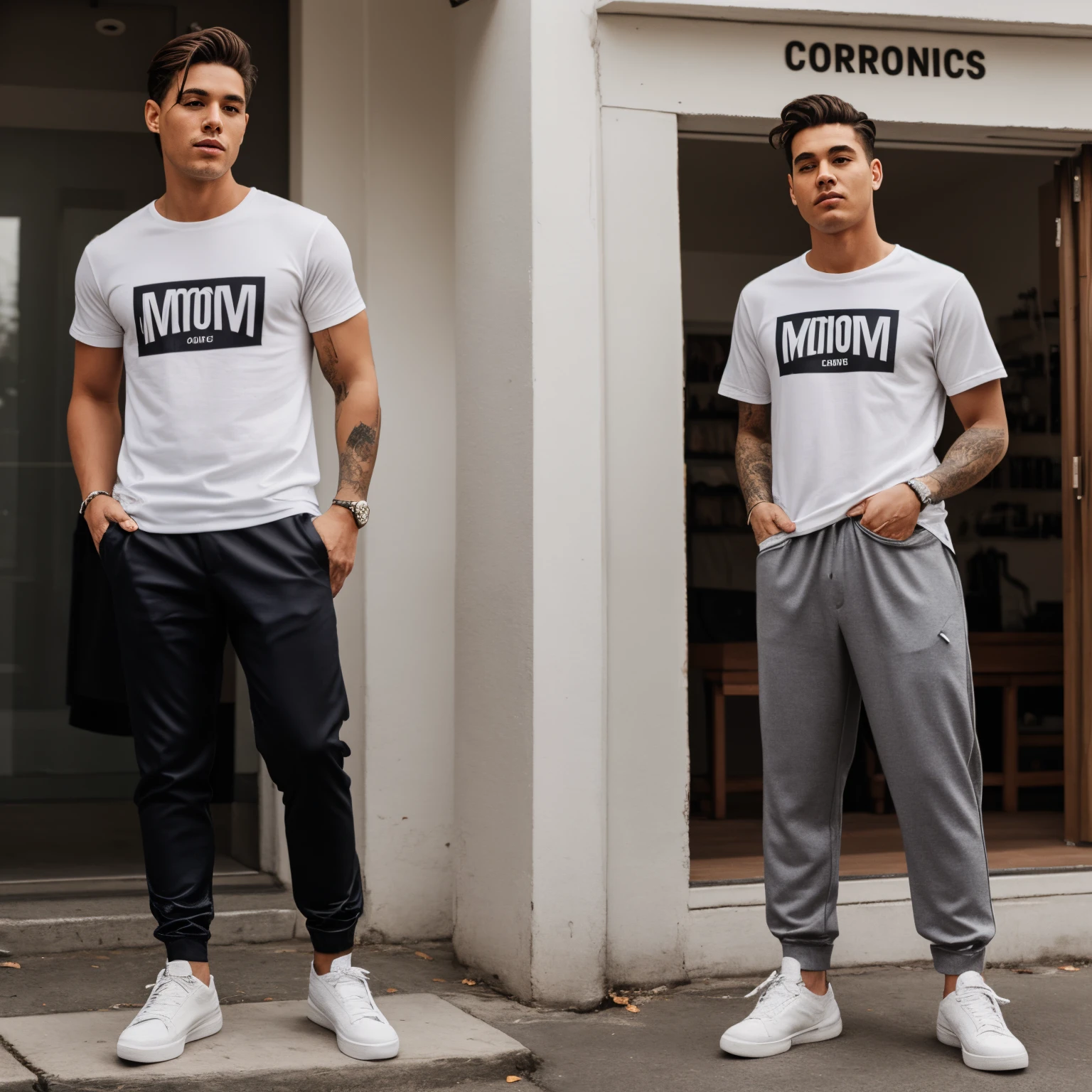 Two men and a woman in front of a building wearing unisex pants