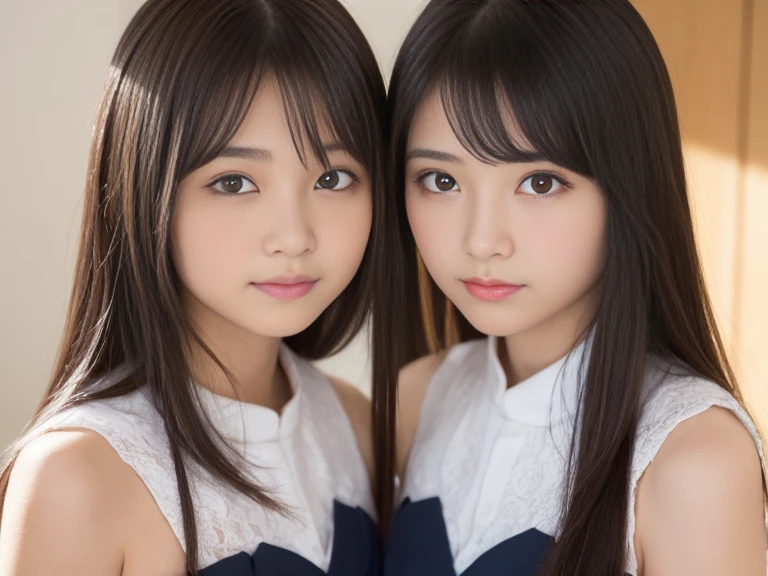 early summer、Two beautiful girls、sixteen years old、serious facial expression、Black hair straight long hair、White summer dress、