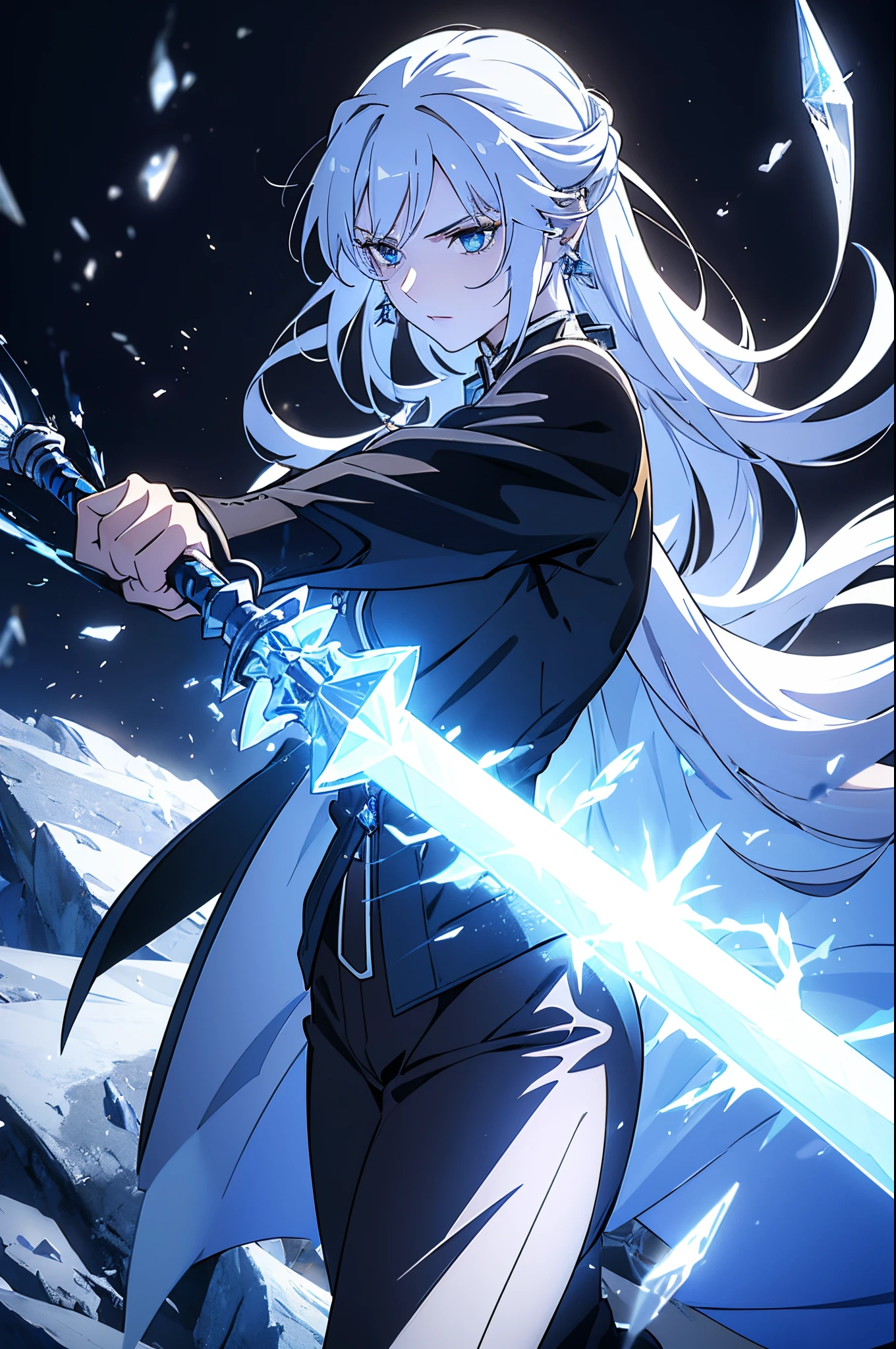 a woman, young, 19 years old, swordsman, long white hair, skin as white as snow, cold gaze, blue eyes like crystal, black shirt, black pants, cape, crystal sword, earring in the ear, background with blue lights.
