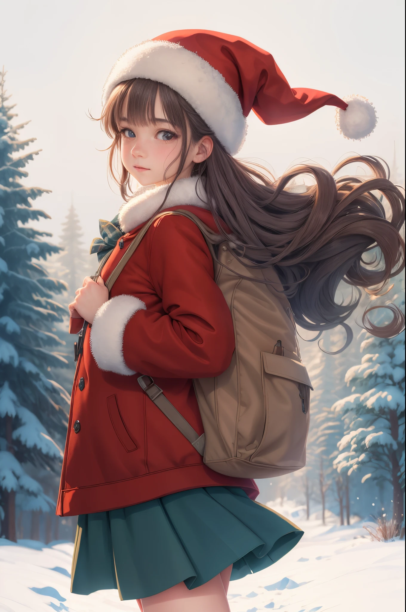 (Raw photo:1.2), (Photorealistic), Beautiful detailed girl, Very detailed eyes and face, Beautiful detailed eyes, Huge file size, High resolution, Very detailed, Best Quality, [masutepiece:1.6], Illustration, Very detailed, Fine detail, Best Quality, 8K Wallpaper, Movie Lighting,15-year-old female student, Girl in a red coat and backpack in the snow, (Ghibli Girl), Santa Claus's coat,  In the snow, Ghibli Forest, cute ghibli girl, 8K, Ghibli-style illustration