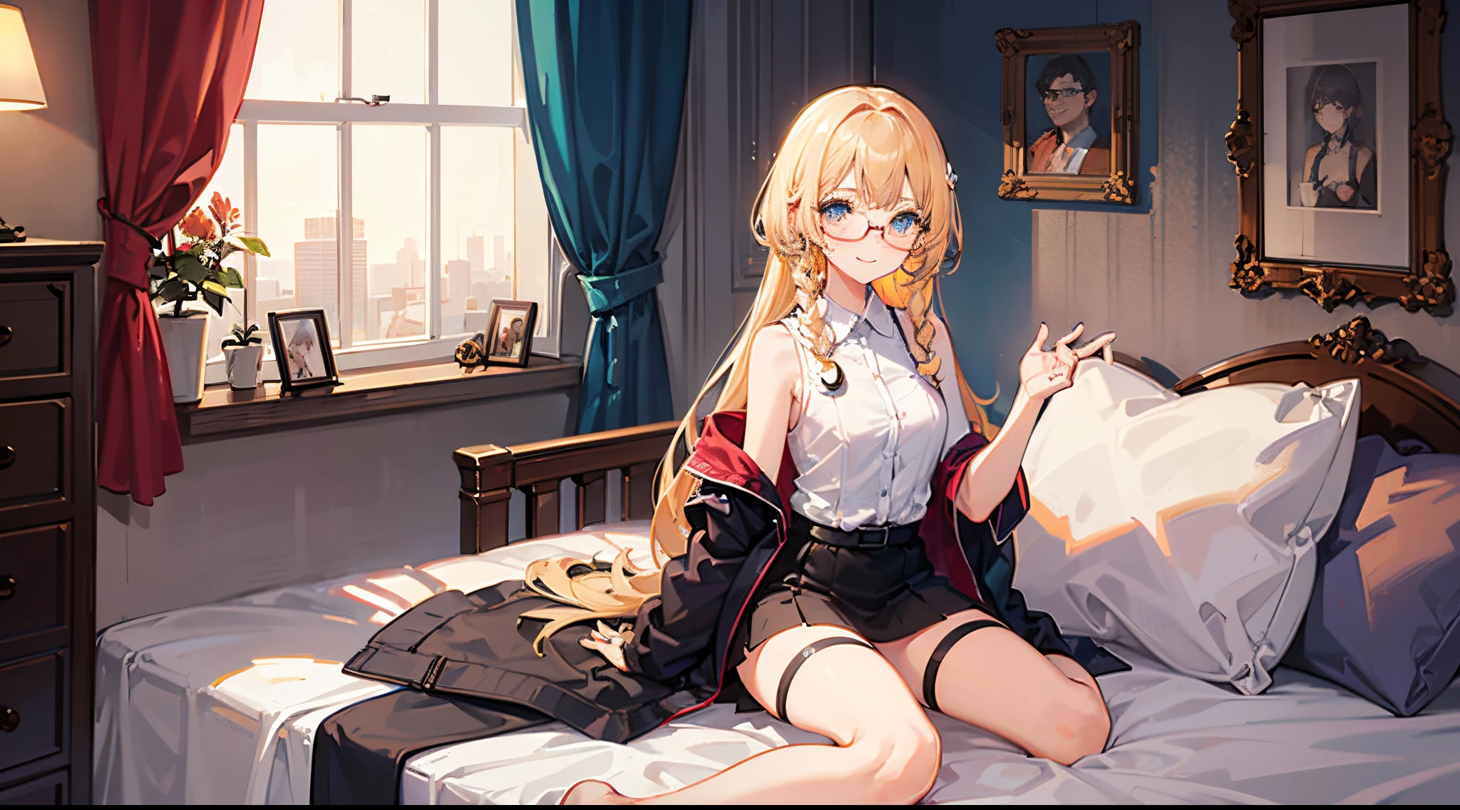 Blonde Girl, 10 years old, Turquoise eyes, long-haired,Braid left and right, Wear glasses, Wear a white sleeveless shirt.............button up.  Black miniskirt, sitting on the bed, Put on stockings............, Show off your legs................With a slightly smiling face.............