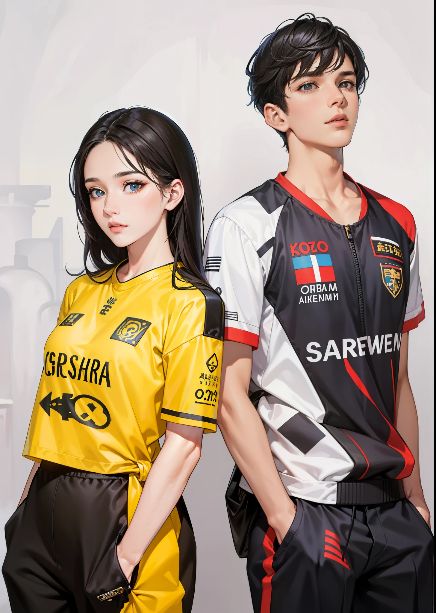 Mostra-se um homem e uma mulher, with height difference, majo, 27 anos, camisa branca, black pant, Rear head, majo, tall appearance, ponte de nariz alto, olhos grandes, 二重まぶた, alto, loiro, olhos verdes, symmetric eyes, olhando para a menina,, uma mulher vestindo um vestido bonito, longos cabelos castanhos, symmetric eyes, olhos grandes, olhos negros, there is a height difference