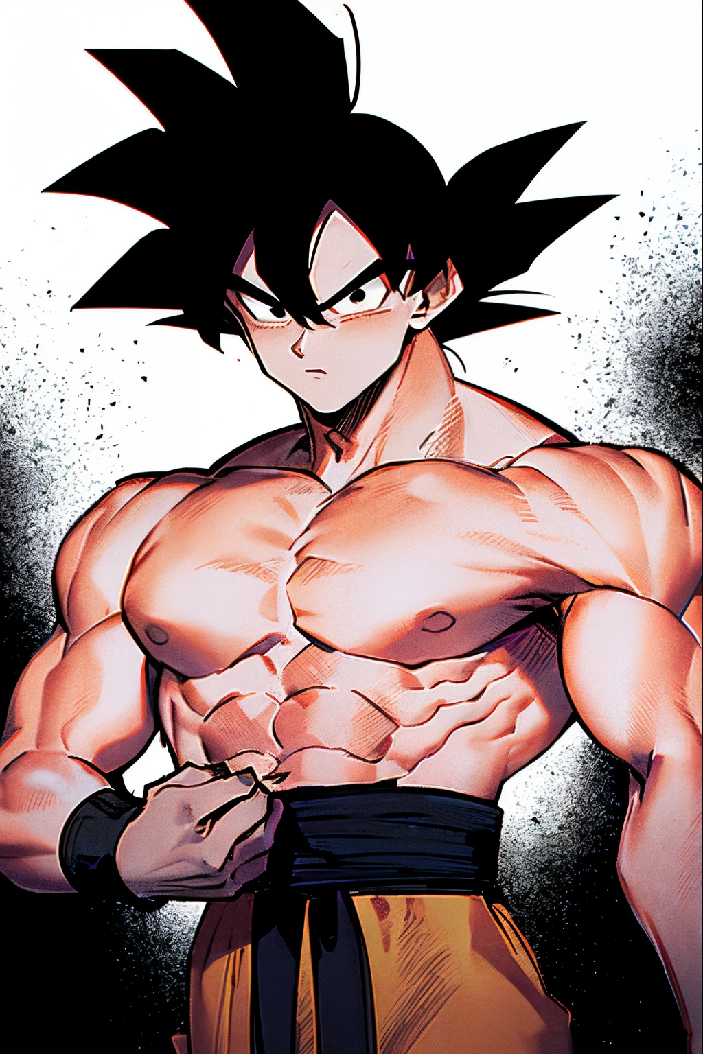 son goku, 1boy, closed mouth, male focus, muscular, muscular male, rock, sash, serious, solo, spiked hair, topless male, torn clothes, ultra instinct, black eyes, black hair, ((masterpiece))