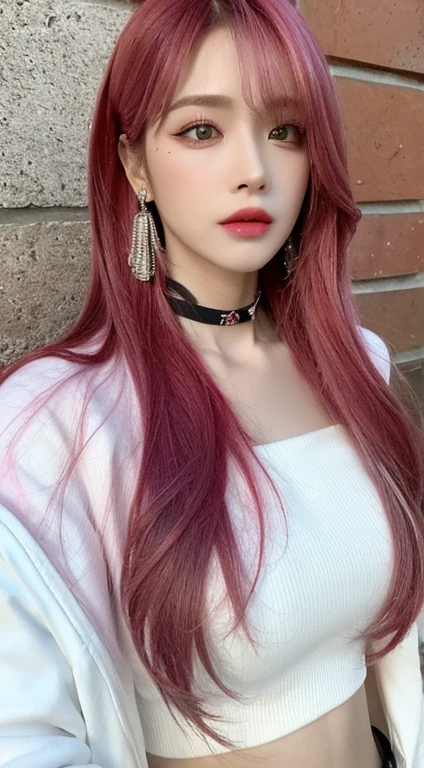 (masterpiece, best quality, 1girl, solo, intricate details, chromatic aberration), realistic, ((medium breath)),long hair, pink hair, red head ornament, pink highlights, hair over one eye,purple eyes, earrings, sharp eyes, choker, neon shirt, open jacket, crop top, (symmetry eyes),(perfect symmetrical body),against wall, brick wall, graffiti, dim lighting, alley ,look at viewer