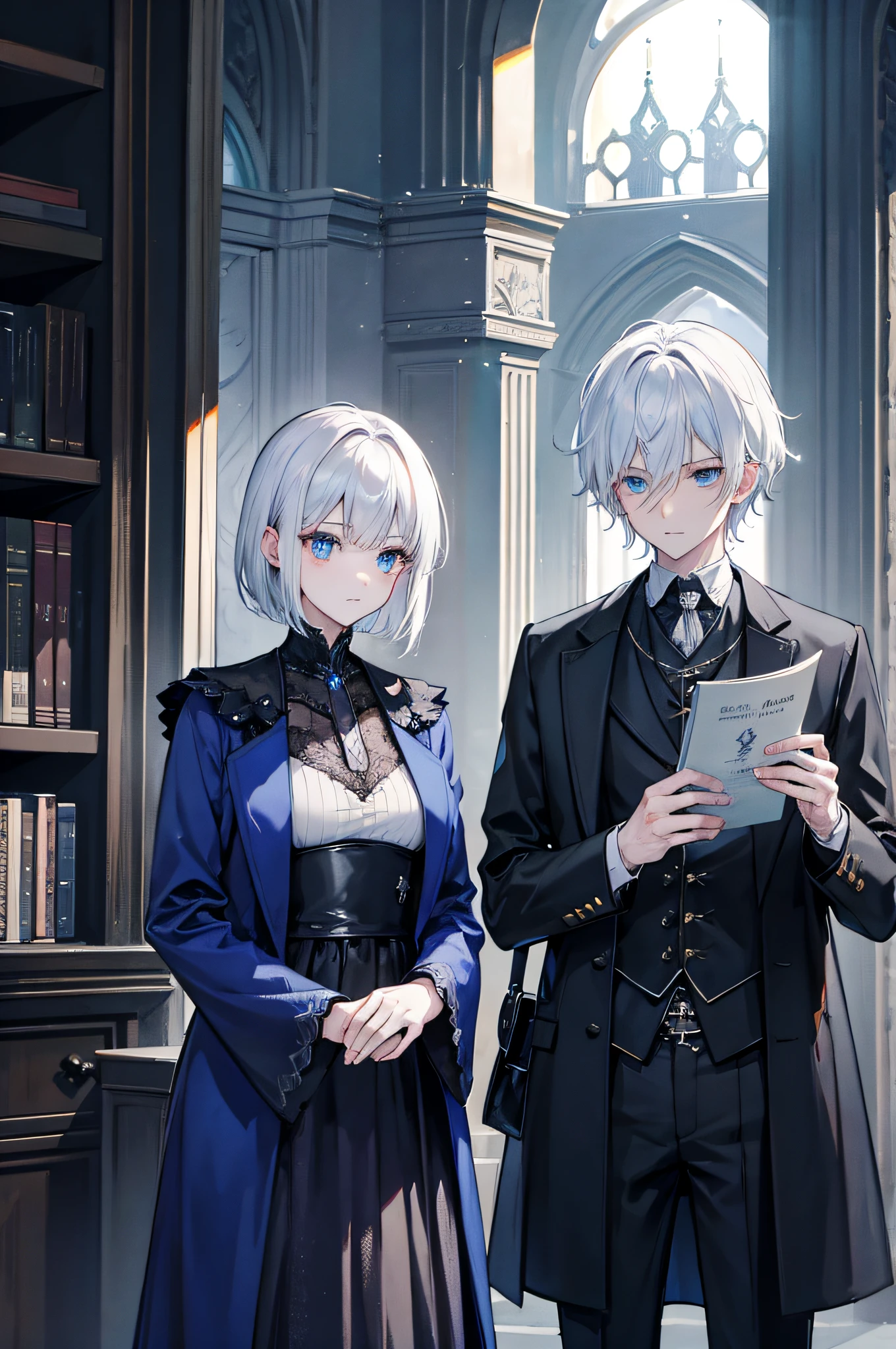 {[{{"Magnificent dark atmosphere, Being in the wizarding world, 4k artwork of a man in his 30s and a woman in her 40s with white hair and sparkling blue eyes, short-haired, Surrounded by spellbooks,Create magic."}]}}