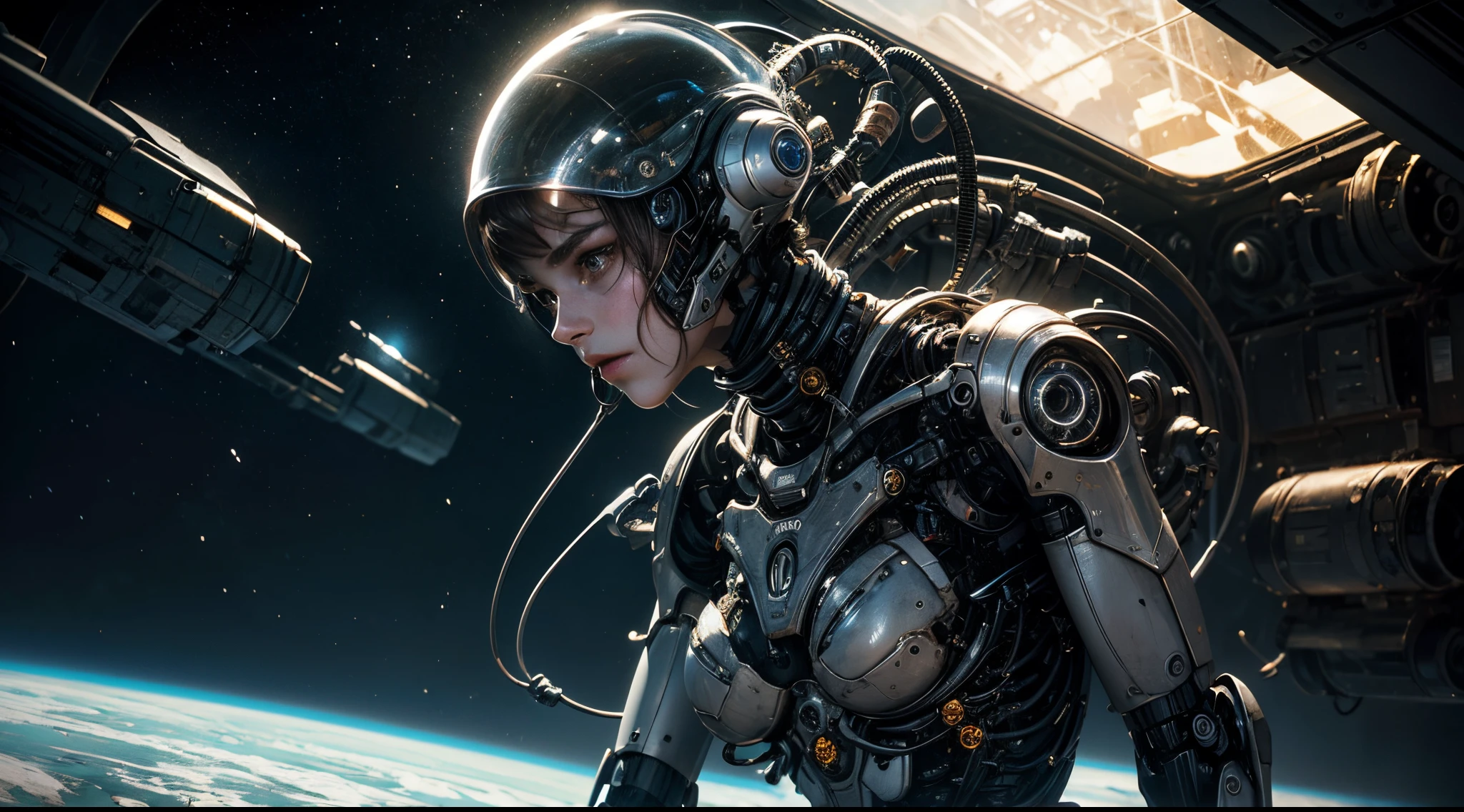 Una adolescente inquietantemente hermosa Emma Watson como una chica cyborg emerge de las sombras. Its once vibrant and youthful features are now clouded by the unmistakable signs of mechanical parts.., creating a striking juxtaposition of ethereal beauty and technology. Su carne, shiny and metallic, forms your athletic body.
She walks through the desolate space station, A science fiction world in ruins. Abandoned robots stand as grim reminders of a bygone era, Its skeleton remains a backdrop to the mysterious atmosphere that surrounds it.. ojos brillantes, Una misteriosa luminiscencia que atraviesa la oscuridad, accentuates its supernatural presence. The pale light emanating from his skin casts an otherworldly glow.., evoking a sense of melancholy and otherworldly charm.