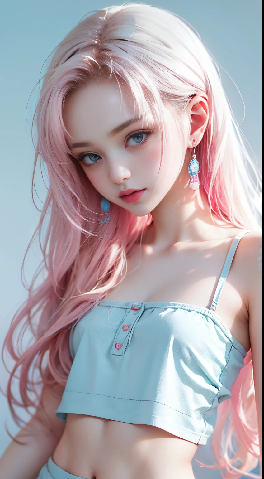 Light blue and pink color scheme，sexy woman ，，，white curly hair,　Colorful camisole