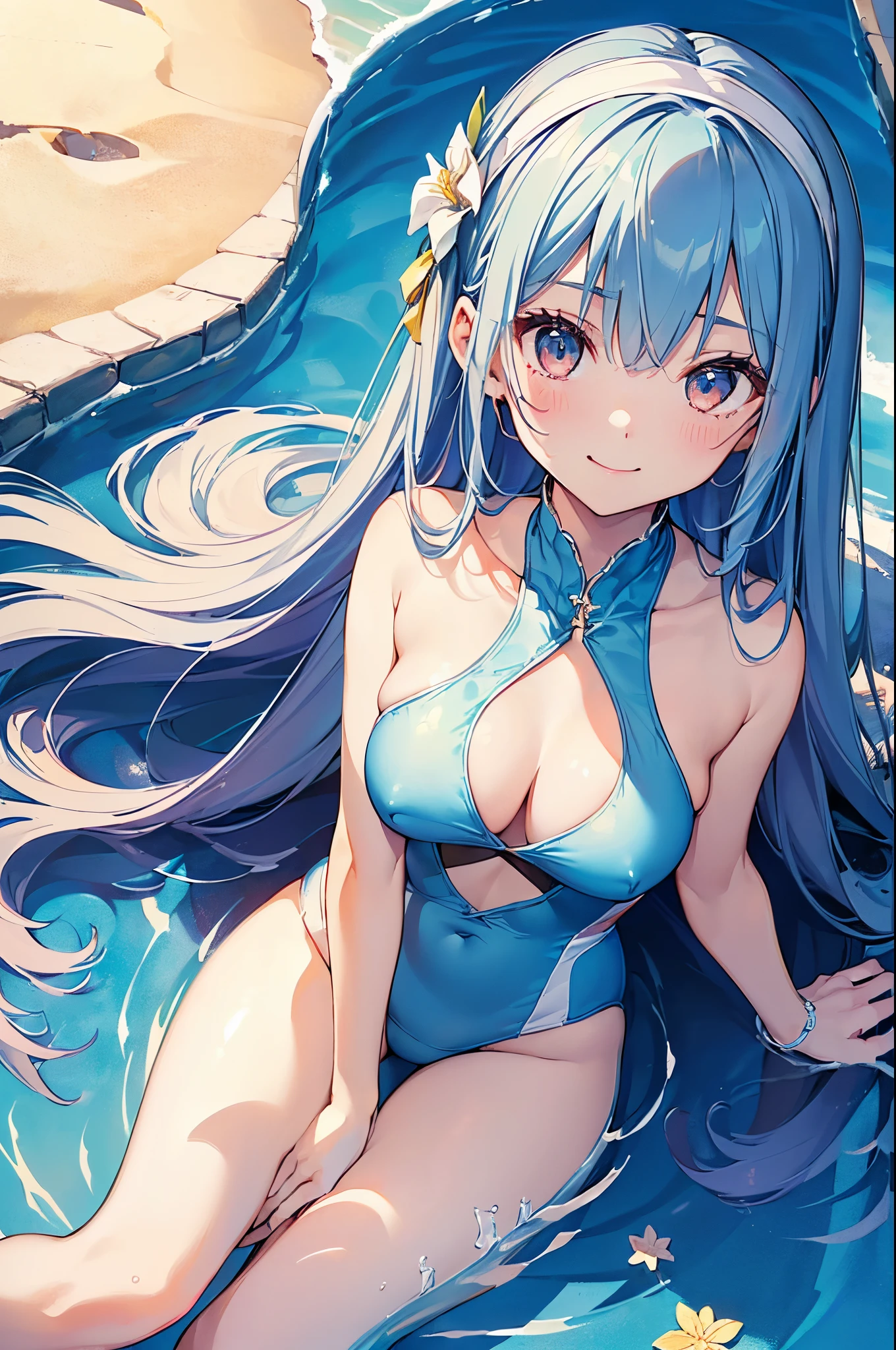 ((2D Beautiful Girl、top-quality:1.3、perfect fingers:1.1、perfect anatomia:1.1、Perfect outfit、face perfect:1.1、Beautiful illustration))、(transform sequence)、((cute decorative headband、High neck swimsuit)、14years、Solio、hime、Fractal Art、baby-face、((stright long hair))、(Slender and beautiful legs)、big drooping eyes、(full body photographed:1.1、long shot photography)、((1人))、The background is blue sky and sandy beach、Happy smiling face、