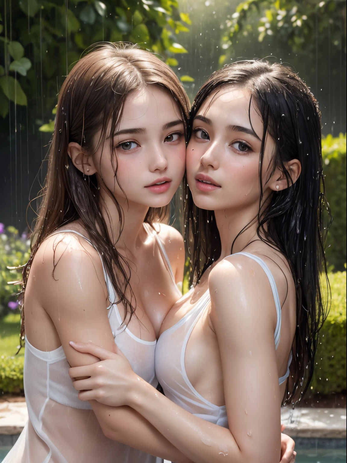 (two girls:1.2), yuri, kissing, light hair, athletic bodies, (small breast:1.3), in a greek garden, beautiful, detailed faces, rain, wet transparent tank top, (wet skin:1.2), (smile:0.4), aroused, breasts rubbing, chest against chest, hdr, great details, very detailed face, cute face, beautiful girl, love, tight hug, soaked