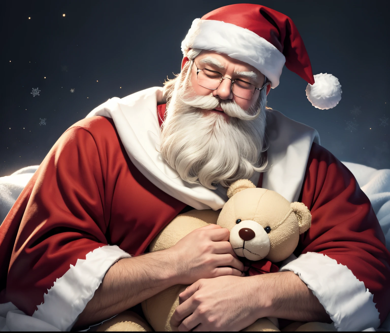 Santa Claus with a big white beard sleeps under a blanket in an embrace with a teddy bear