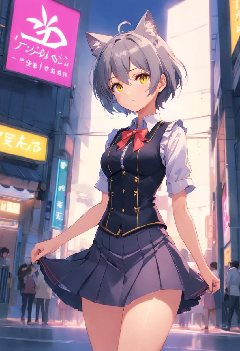 Girls, Gray-haired, short-haired, yellow eyes, Small breasts, cat hair ornament, side locks, Gray-haired, Shiny hair, uniform, (Golden Eyes: 1.2), (2 long triangular extensions at skirt., The best corset for the stomach), White buttons on vest corset, (Short sleeve strip shirt under vest corset), (Sleeves end close to the arm), (thick ribbon of black color on the neck,,), ( Short Magenta Skirt),Strong background depth of field