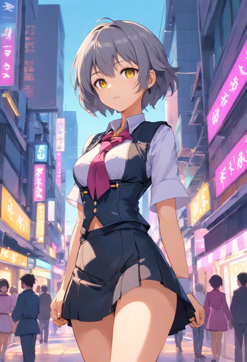 Girls, Gray-haired, short-haired, yellow  eyes, Small breasts, cat hair ornament, side locks, Gray-haired, Shiny hair, uniform, (Golden Eyes: 1.2), (2 long triangular extensions at skirt., The best corset for the stomach), White buttons on vest corset, (Short sleeve strip shirt under vest corset), (Sleeves end close to the arm), (thick ribbon of black color on the neck,,), ( Short Magenta Skirt),Strong background depth of field