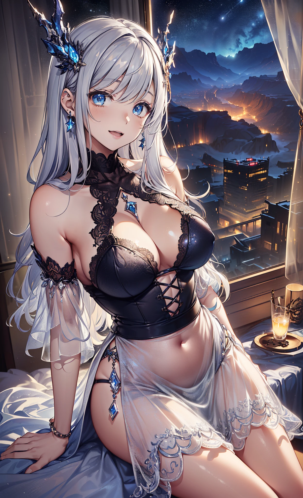 top-quality、Top image quality、tmasterpiece、girl ((、medium chest circumference、obsessed、tempting pose、Breasts wide open,sliver long hair、having fun、Girl's face、micro-curly hair、charming body、Grand canyon、Silver transparent dragon skirt mixed with modern sexy clothing、Transparent clothes are sexy))high high quality、beautiful art、Background with((luxury hotel、Starry city night view outside the window)))、visual art、depth of fields、Diamonds adorn clothes、Full body lesbian、Emphasize the posture of the hips、Lace、Transparent skirt、Lie down in bed、Hide breasts