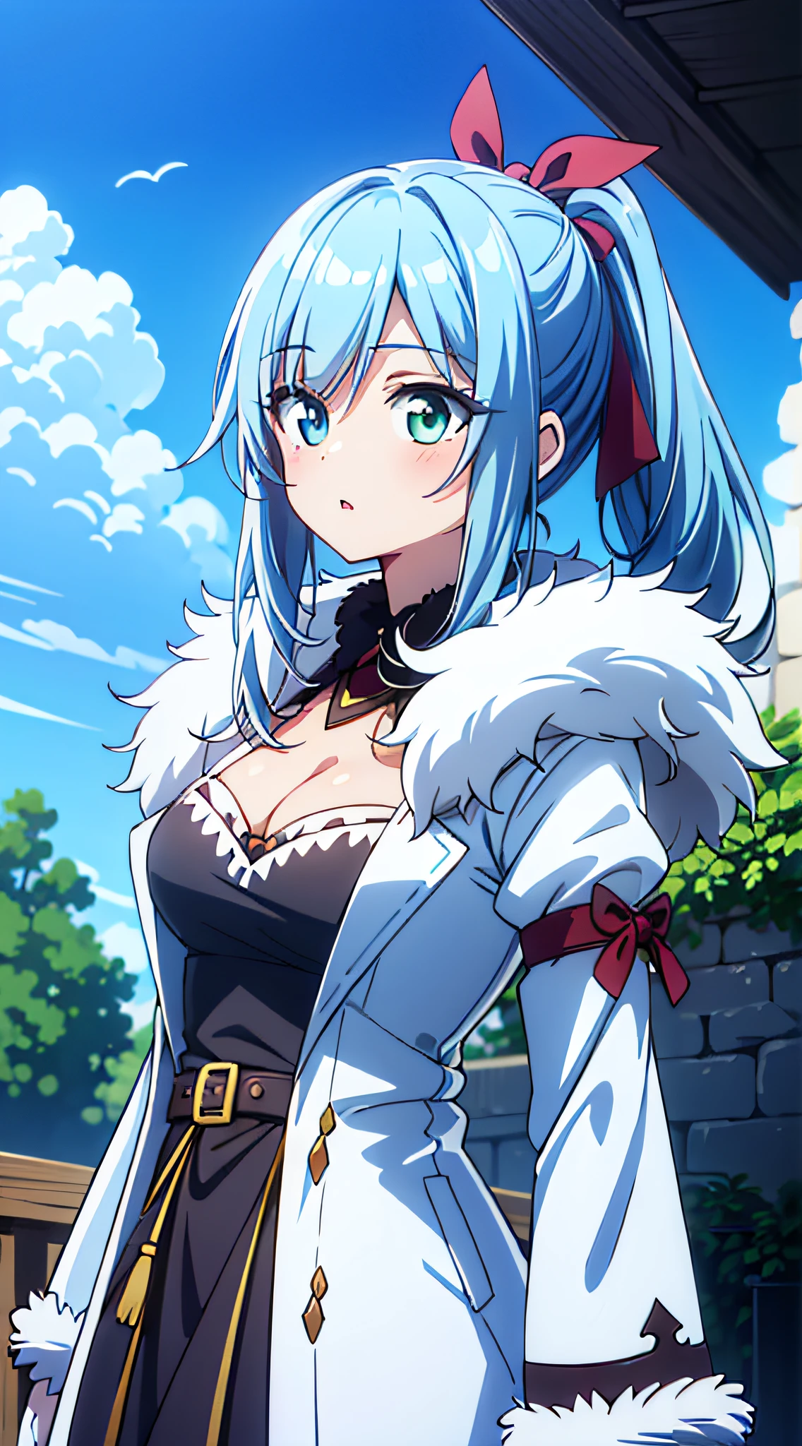 (Absurd realistic structure details),(High resolution complex and detailed text quality),(High-resolution microstructure Hipoly3D rendering correction),The method of geometry,Careful explanatory anatomy,
BREAK,
1 person,Solo,(Cute:1.5),(Chibi:0.6),(kawaii:1.5),(Lori:0.5),( girl),Very detailed,colourfull,highest details,Clear skin,Beautiful skin,Shy,Very detailed,colourfull,highest details,Clear skin,Beautiful skin,Shy skin,1 beautiful girl,{Heterochromia,pale blue eyes,pale green eyes:1.9},star eye silhouette, BREAK,(pale blue hair, Medium length:1.4),(Side Ponytail,A little curly hair,Single-sided twisted blade,Princess Cut:1.3),(cleavage of the breast,Large breasts,Beautiful , gleaming skin,Clear skin, Beautiful skin,(best quality face),(Top quality glowing eyes), BREAK ,(Vivid colors:1.3), ((Dark Brown Color Alice Band Ribbon)), ( coat, fur-trimmed sleeves, Fur collar, Fur trim:1.35), gloves, Hair over one eye, Sword, With weapons, White Gloves,
BREAK,(day),(briggs north wall), Blue sky, cloud,Outdoors, skyporn,Waterfall,depth of fields,
BREAK,wakame,wakame,wakame,(Dynamic Angle:1.4),
BREAK,(Blurry background:1.3),(absurderes, hight resolution, Super Detail Art),cel shading,Clear Color, Lonely optical effect, Beautiful pictures, Bright glow, mystic atmosphere,(Close-up of girl:1.1), Mystical light particle effect,manga influence, clean line drawings,