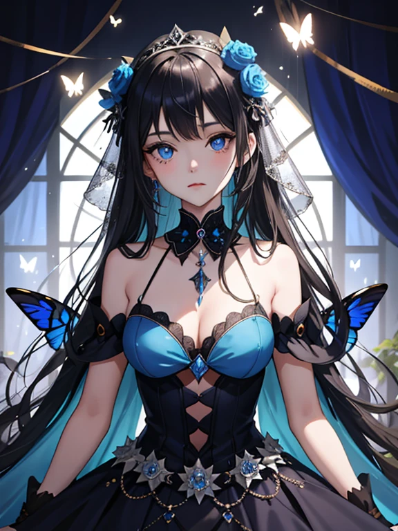 1little girl,(Best Quality),(Super delicate),dishevled hair,A dark-haired,Costume inspired by a butterfly,Blue butterfly,butterfly hair ornament,a blue dress,deadpan,Evil Queen,disaster々Atmosphere,Blue Rose,beautiful finely detailed eyes,Delicate beautiful face,(High color saturation),(Blood droplets),Focus on Face,, G;Cage beets,stage,A world without anyone,dance in the spotlight