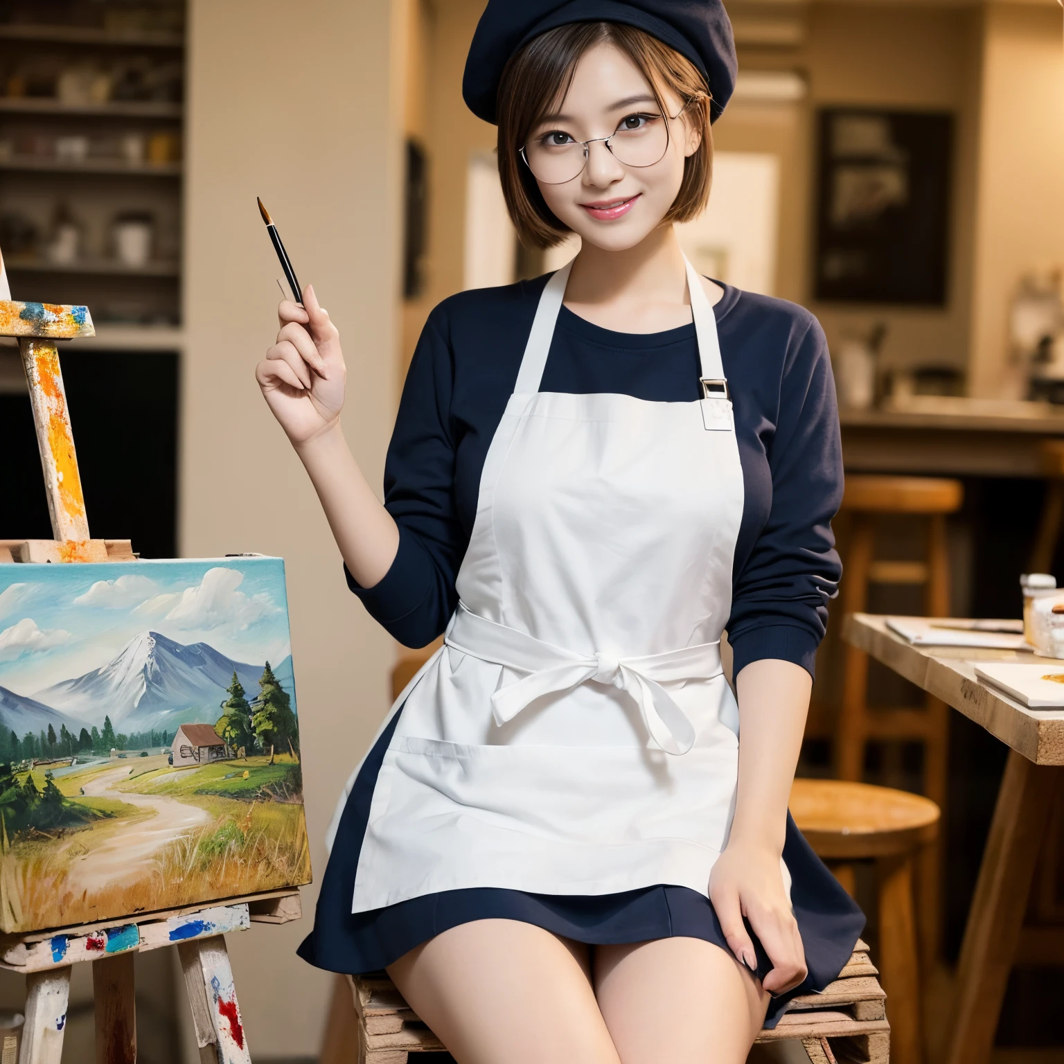 (top-quality、masutepiece、in 8K、Top image quality)、(1 photo:1.7)、(1人の女性、1 beautiful girl)、(Painting on canvas、Towards the canvas、She wears a white apron, Skirt, and a navy blue sweatshirt.、Wearing an apron、Draw the landscape、bright and warm lighting、Painting)、((perfect canvas、perfect easel、pallet、paint、pens))、(perfect hand、perfect anatomia、Perfect fingers、perfect brush、accurate hands:1.5)、Comfortable and clean atelier、Pill glasses、Literary girl、natural make up、Sitting on a chair、Biggest smile、Brown Beret、short-hair、Elegant round glasses、Emphasize body lines、large full breasts、View here、Shooting from the knee up
