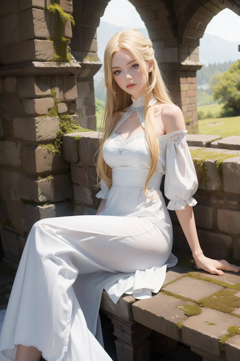 1 girl, long blonde hair, blue eyes, white dress, in an old castle outside, forest setting, sitting