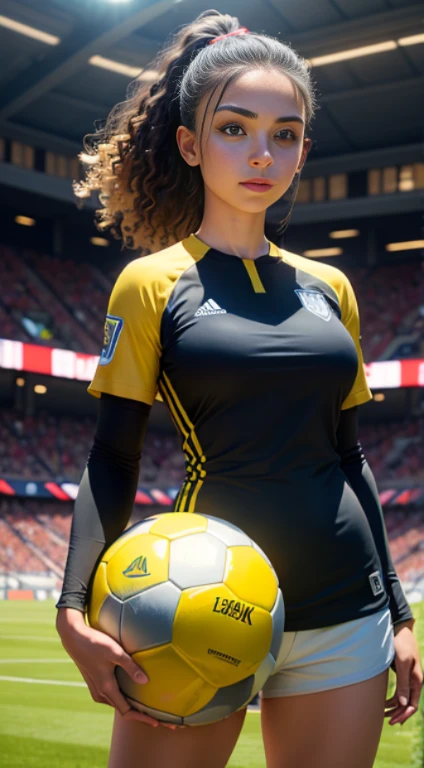 Beautiful soccer player, girl holding a soccer ball, His face is illuminated by bright light, face full of confidence and concentration, The girl is dressed in a sporty style, The perfect female face of the goddess, Деталь 8k, photo realistic style, sharp-focus, Professional lighting, colorful details, The painting is built according to the rule of the golden ratio, In the background is a football field